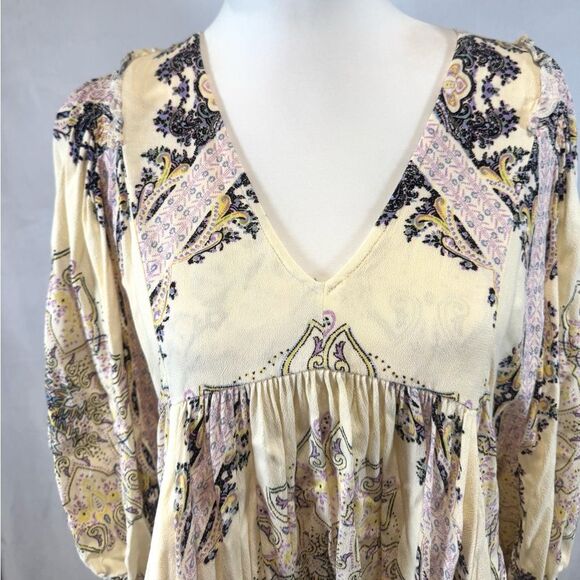 Free People oversized ivory boho empire waist flowy tunic top w/ pockets size XS - Picture 7 of 13
